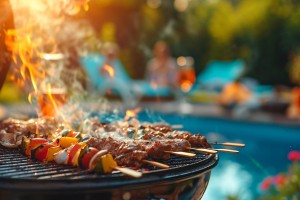 A poolside barbecue party with sizzling grills, delicious aromas, and casual summer vibes
